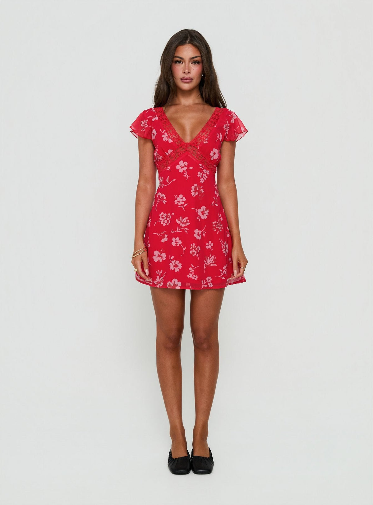 Arvexa Lace Trim Mini Dress Red Floral
