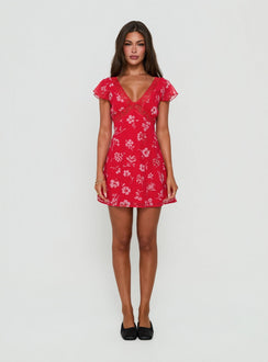 Arvexa Lace Trim Mini Dress Red Floral
