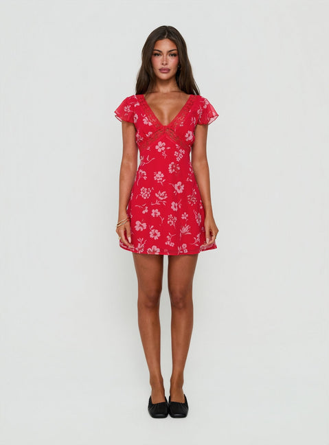Arvexa Lace Trim Mini Dress Red Floral