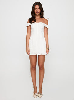 back view of model wearing Princess Polly Rosebud Broiderie Off The Shoulder Mini Dress White V-Neck 