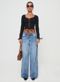 Long sleeve top Scooped neckline, lace up front and cuffs with tie fastening, silver-toned eyelets Good stretch, unlined 