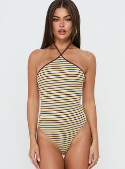 Showcasing the Aethoria Arrowneck Bodysuit Multi Stripe womens bodysuit with sleeveless design front view of model wearing Princess Polly