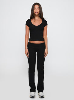 back view of model wearing Princess Polly Lovely Day V Neck Top Black Short Sleeves V-Neck 