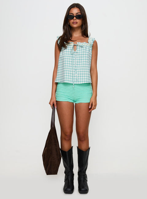 Darleena Babydoll Tie Up Top Aqua Check