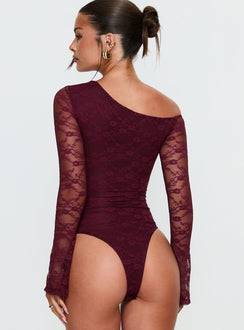 back view of model wearing Princess Polly Macaria Long Sleeve Lace Bodysuit Red Long Sleeve Tops Bodysuit 