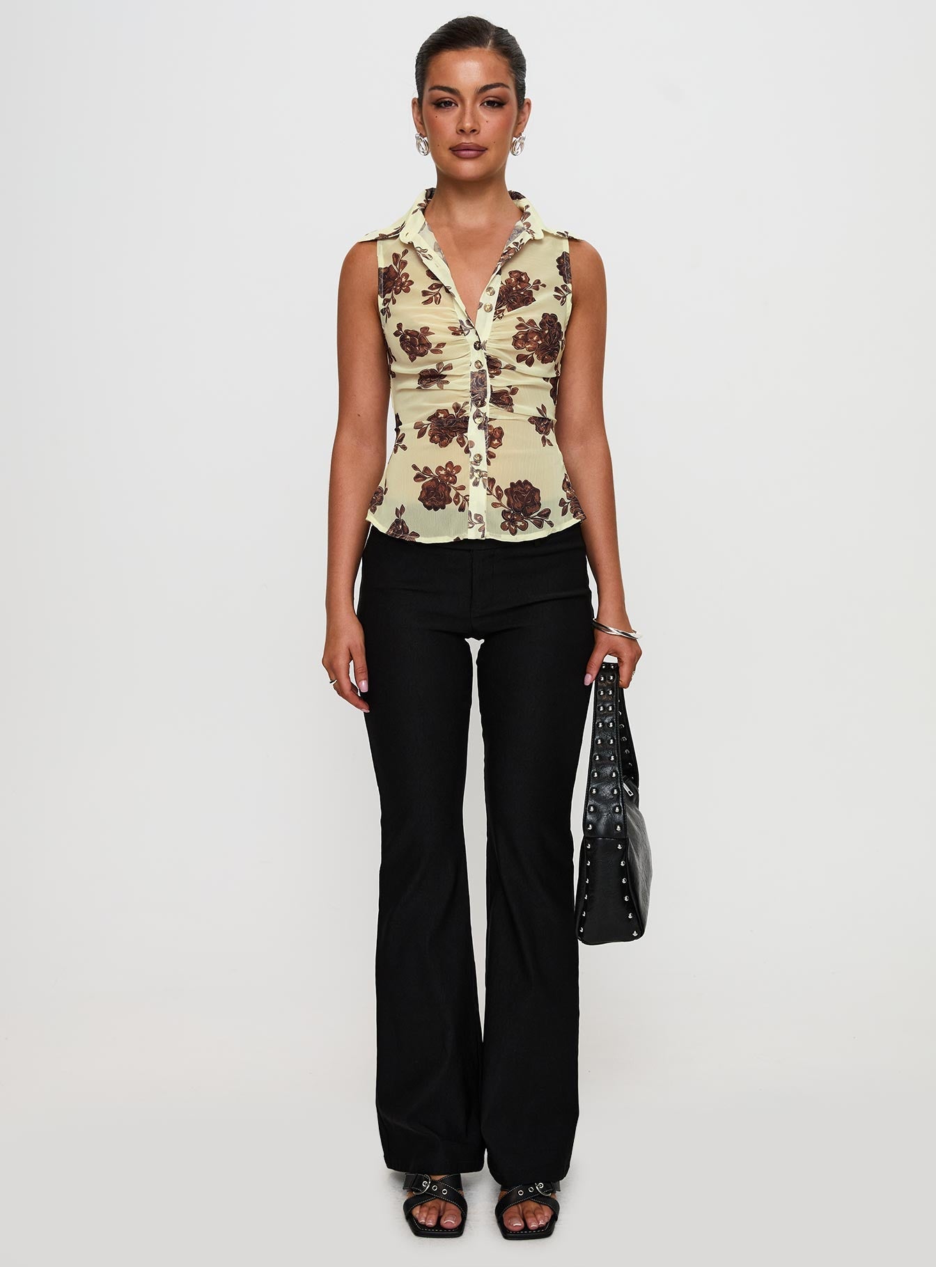 front view of model wearing Princess Polly Present Tense Sheer Ruched Top Yellow Floral Sleeveless V-Neck 