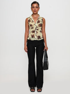 front view of model wearing Princess Polly Present Tense Sheer Ruched Top Yellow Floral Sleeveless V-Neck 