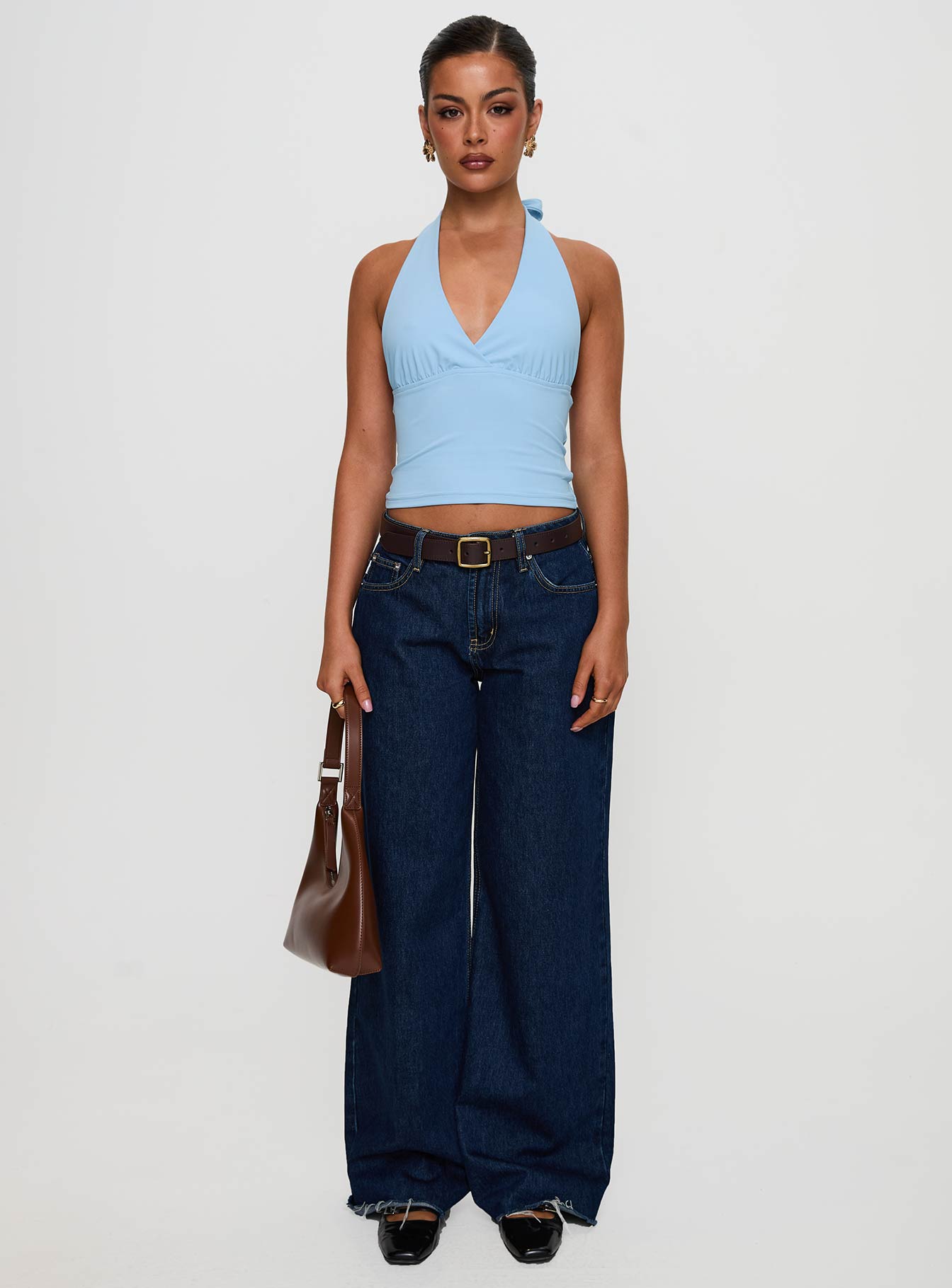 front view of model wearing Princess Polly Whimsy Halter Top Blue Sleeveless Plunger 