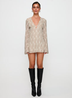 front view of model wearing Princess Polly The Good Life Mini Dress Brown / White Stripe Plunger 