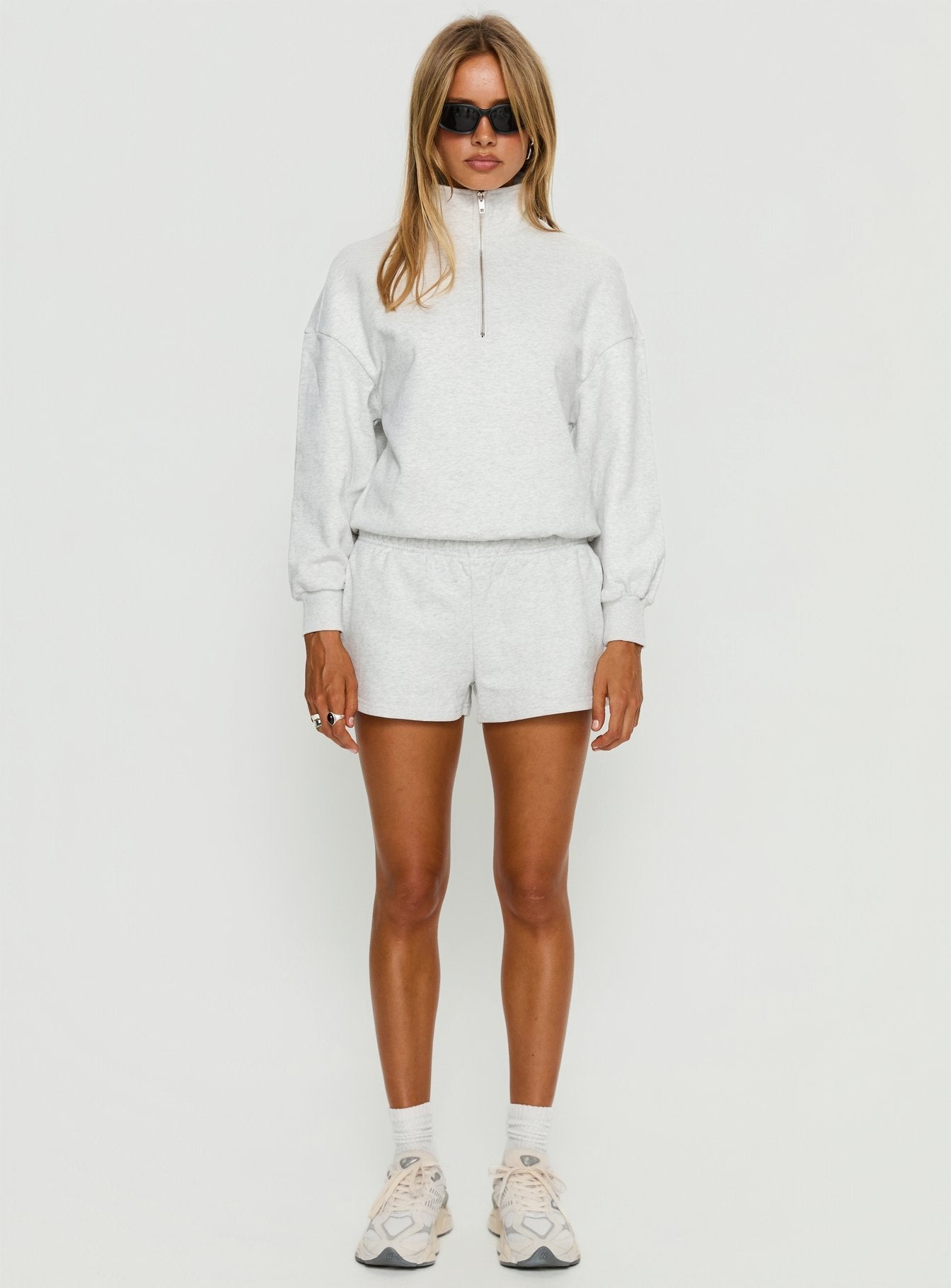 front view of model wearing Princess Polly Rozanna 1/4 Zip Jumper Grey Marle 