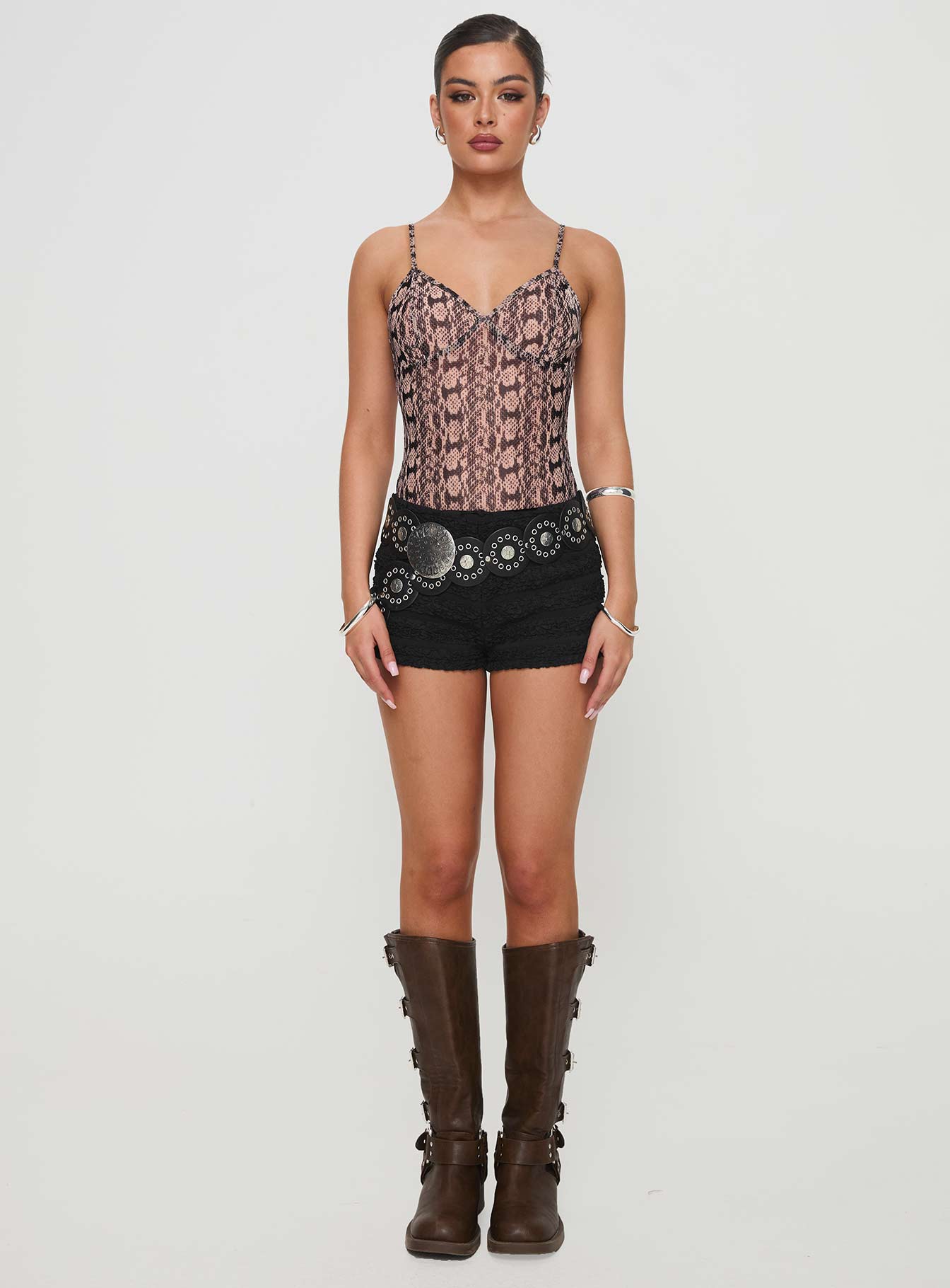 front view of model wearing Princess Polly Elixia Bodysuit Snake Sleeveless 
