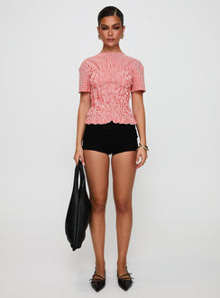 side view of model wearing Princess Polly Maybe Tomorrow Ruched Top Red Check Short Sleeves High Neck 