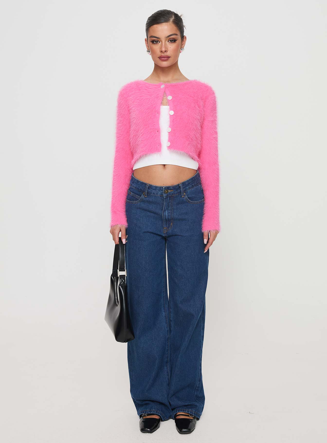 front view of model wearing Princess Polly Just A Girl Cardigan Pink cropped 