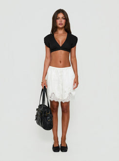 Adianah Satin Lace Trim Longline Shorts White