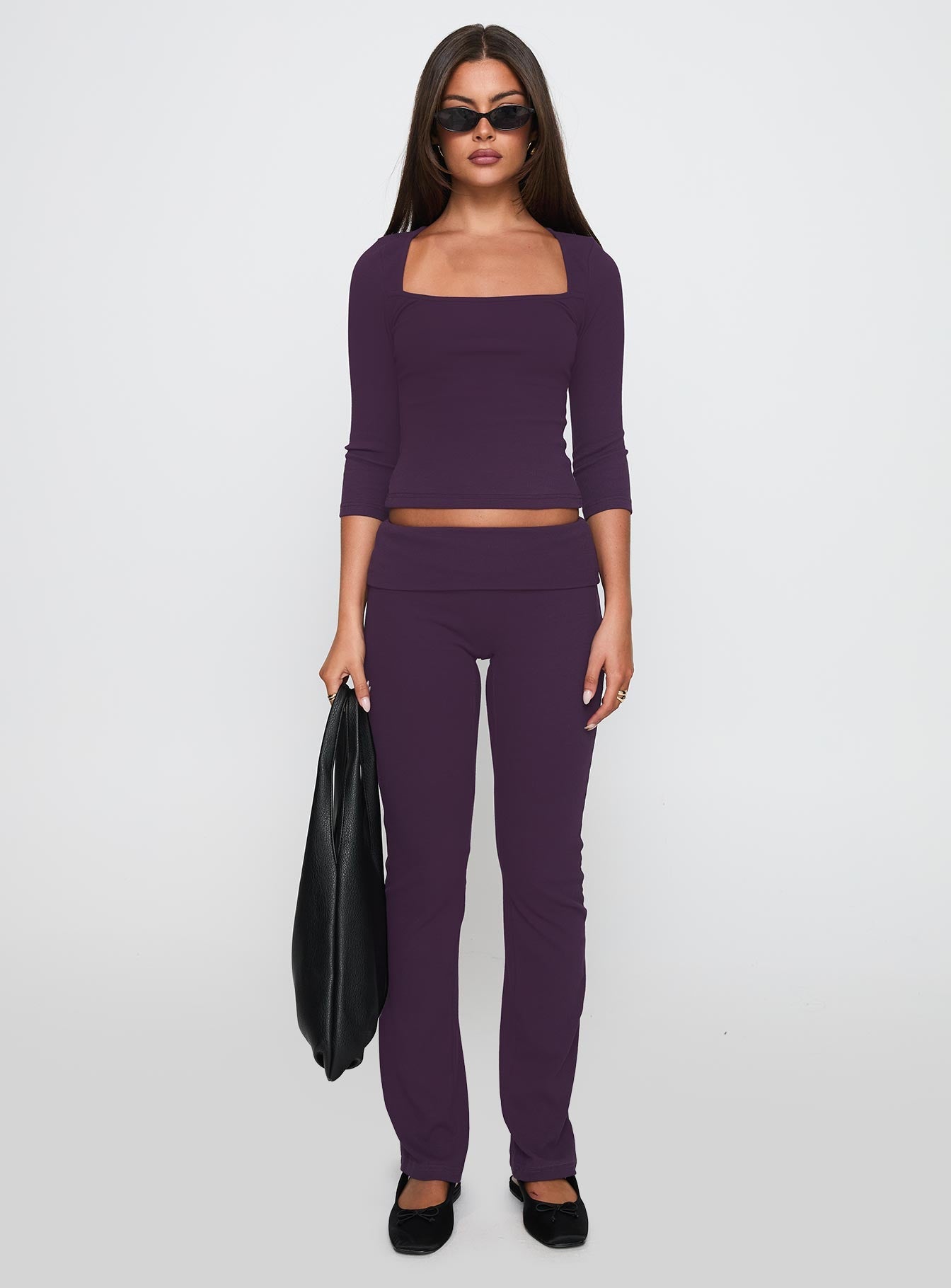front view of model wearing Princess Polly So American Rib 3/4 Sleeve Top Purple Three Fourth Sleeves Square Neck 