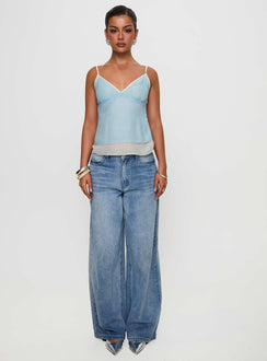 front view of model wearing Princess Polly Majorie Layered Top Blue / Cream Sleeveless V-Neck 