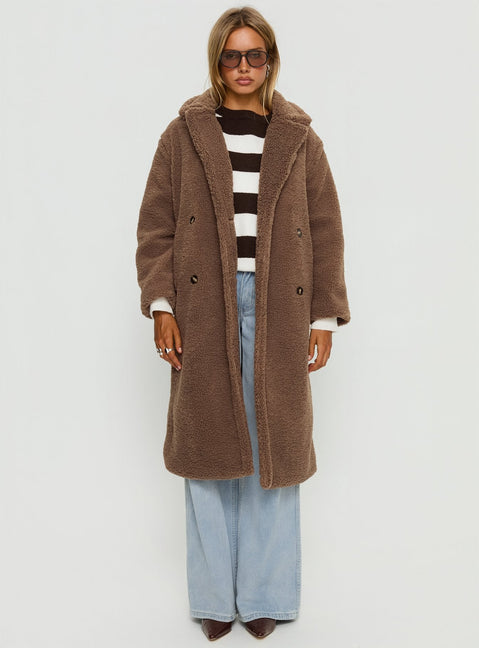 Delora Fluffy Longline Coat Brown