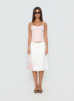 Showcasing the Such Delight Linen Midi Skirt in white for womens-skirts, designed with a fitted aline silhouette Princess Polly