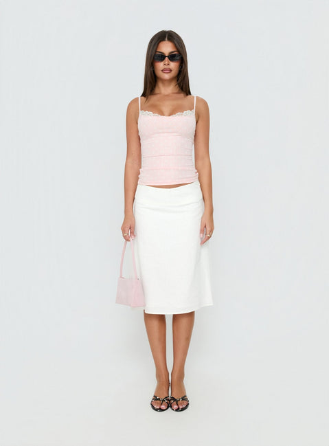 Showcasing the Such Delight Linen Midi Skirt in white for womens-skirts, designed with a fitted aline silhouette Princess Polly