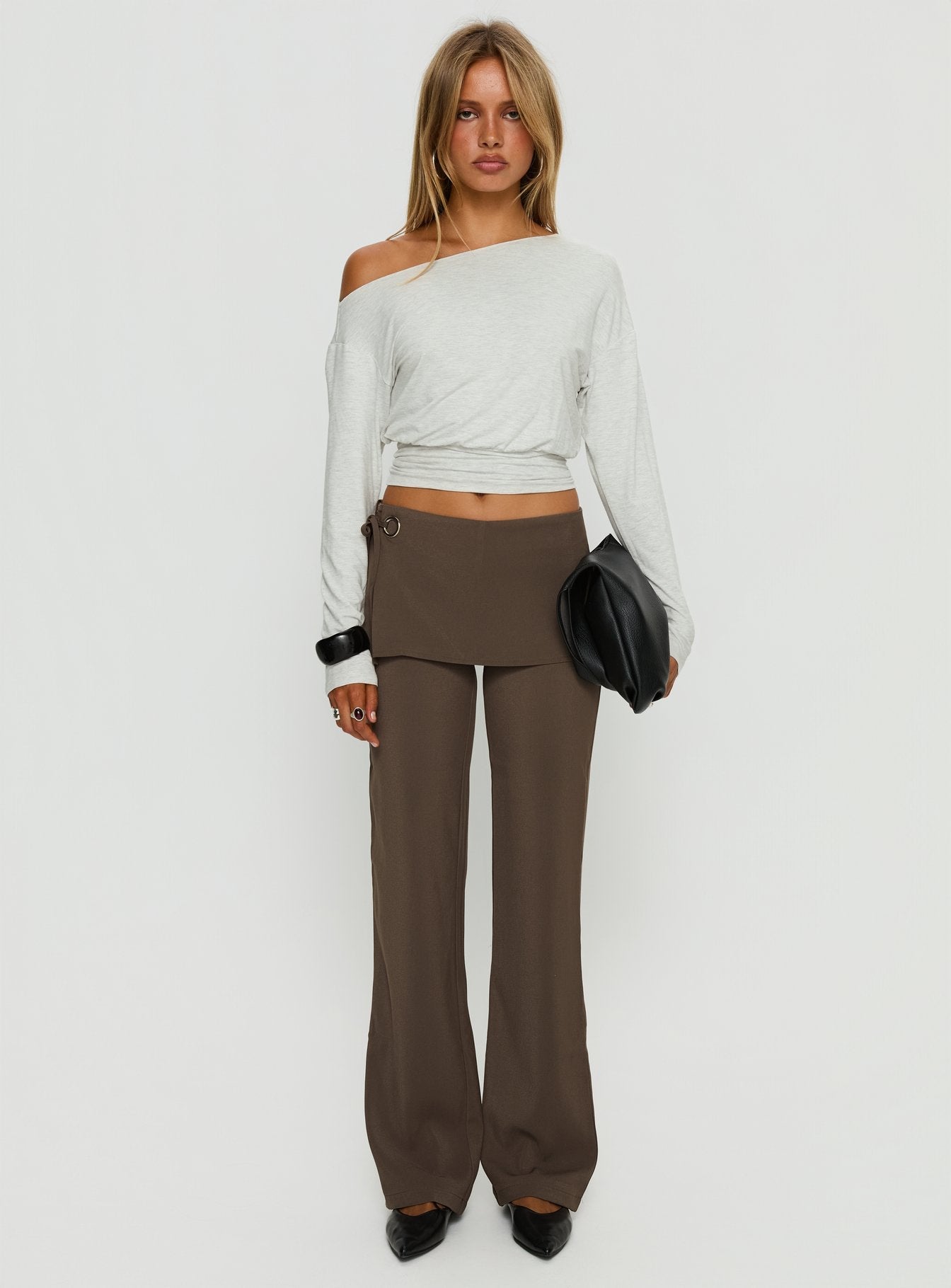 front view of model wearing Princess Polly Elka Wrap Trousers Truffle Mid Rise Pants 
