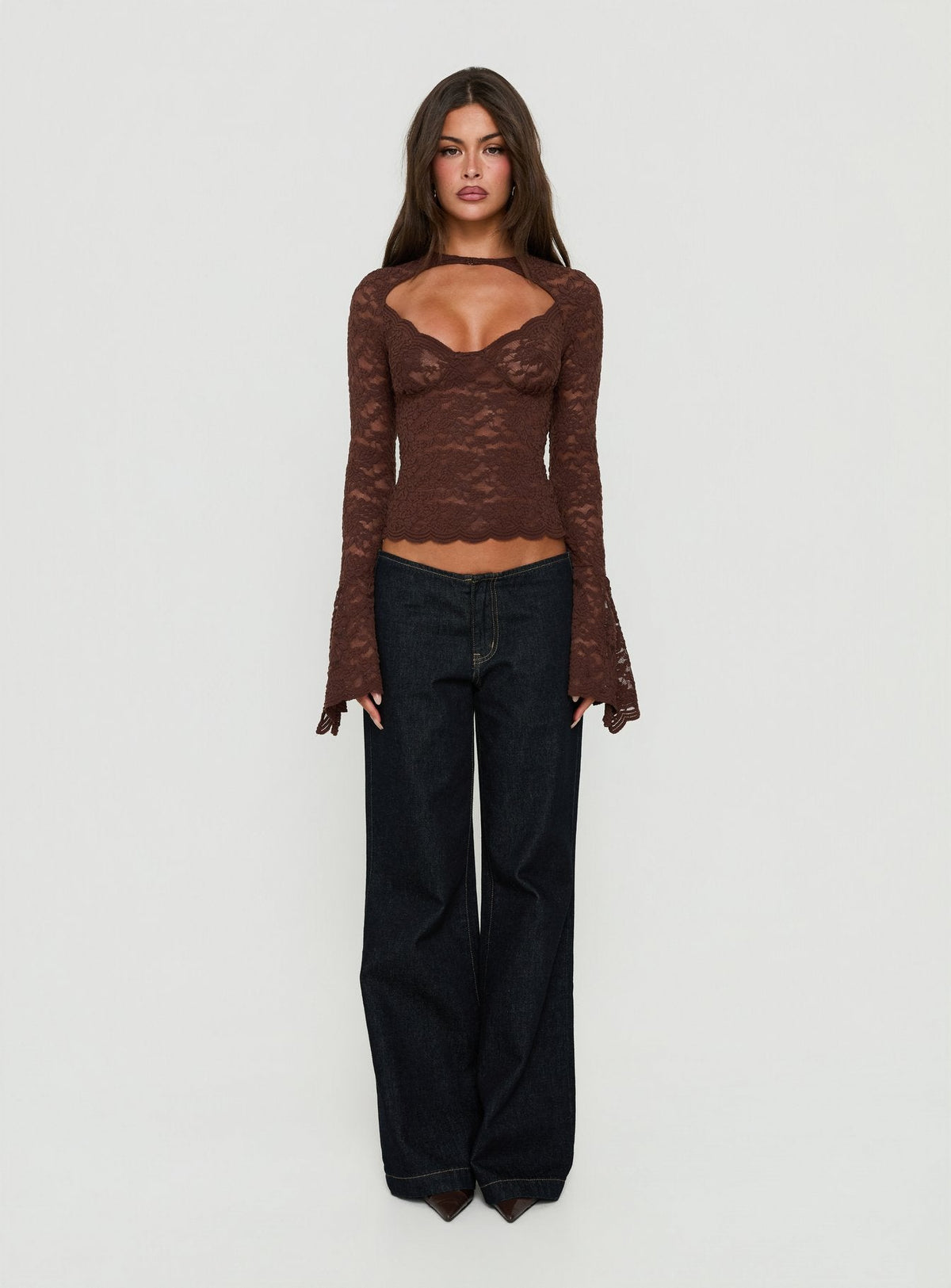 Karmel Lace Long Sleeve Top Brown
