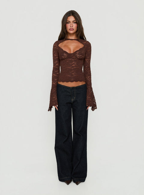 Karmel Lace Long Sleeve Top Brown