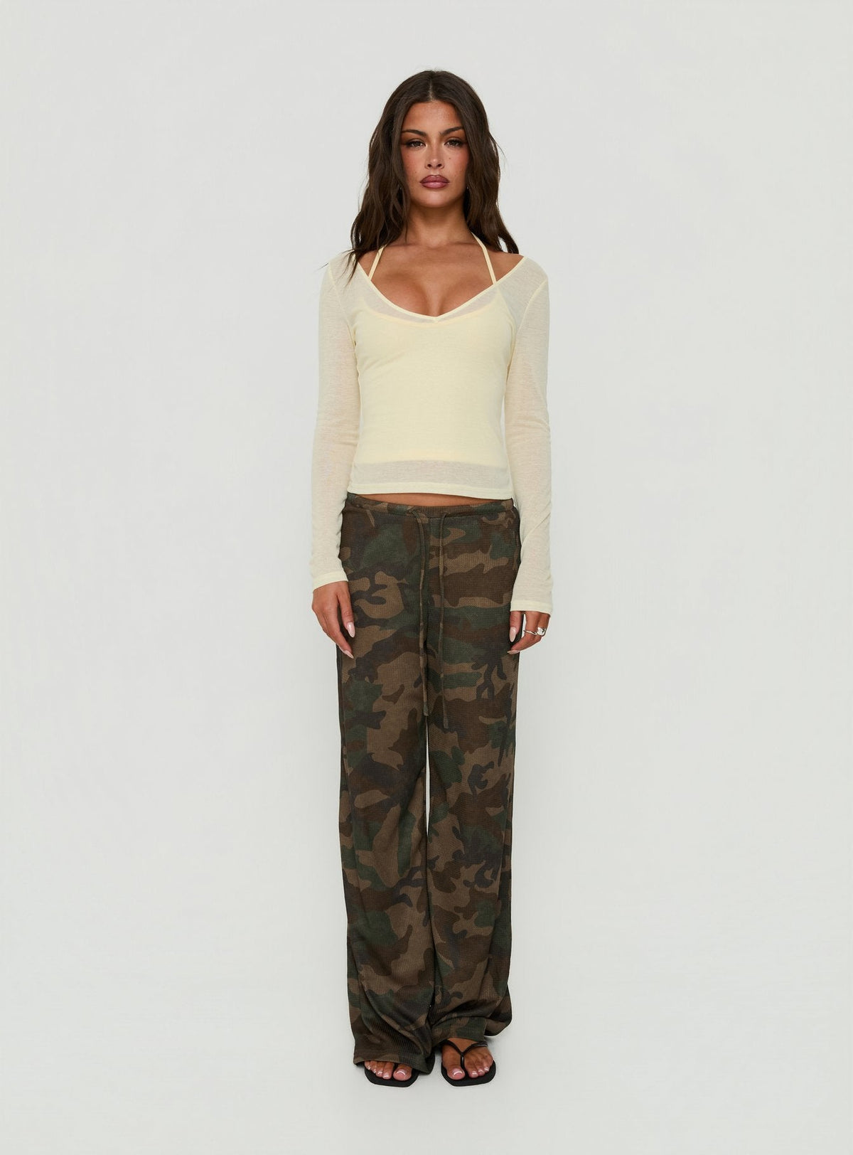 Kaiyah Sheer V Neck Long Sleeve Top Yellow