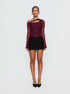 side view of model wearing Princess Polly Macaria Long Sleeve Lace Bodysuit Red Long Sleeve Tops Bodysuit 