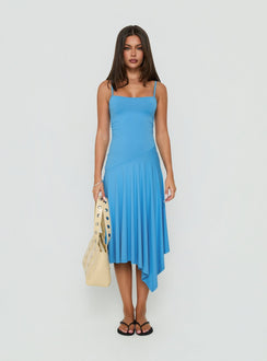Caught Up Drop Waist Asymmetrical Midi Dress Blue
