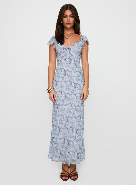 side view of model wearing Princess Polly Dahleia Maxi Dress Blue Paisley V-Neck 