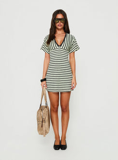 Arialla V Neck Short Sleeve Mini Dress Green / Charcoal Stripe