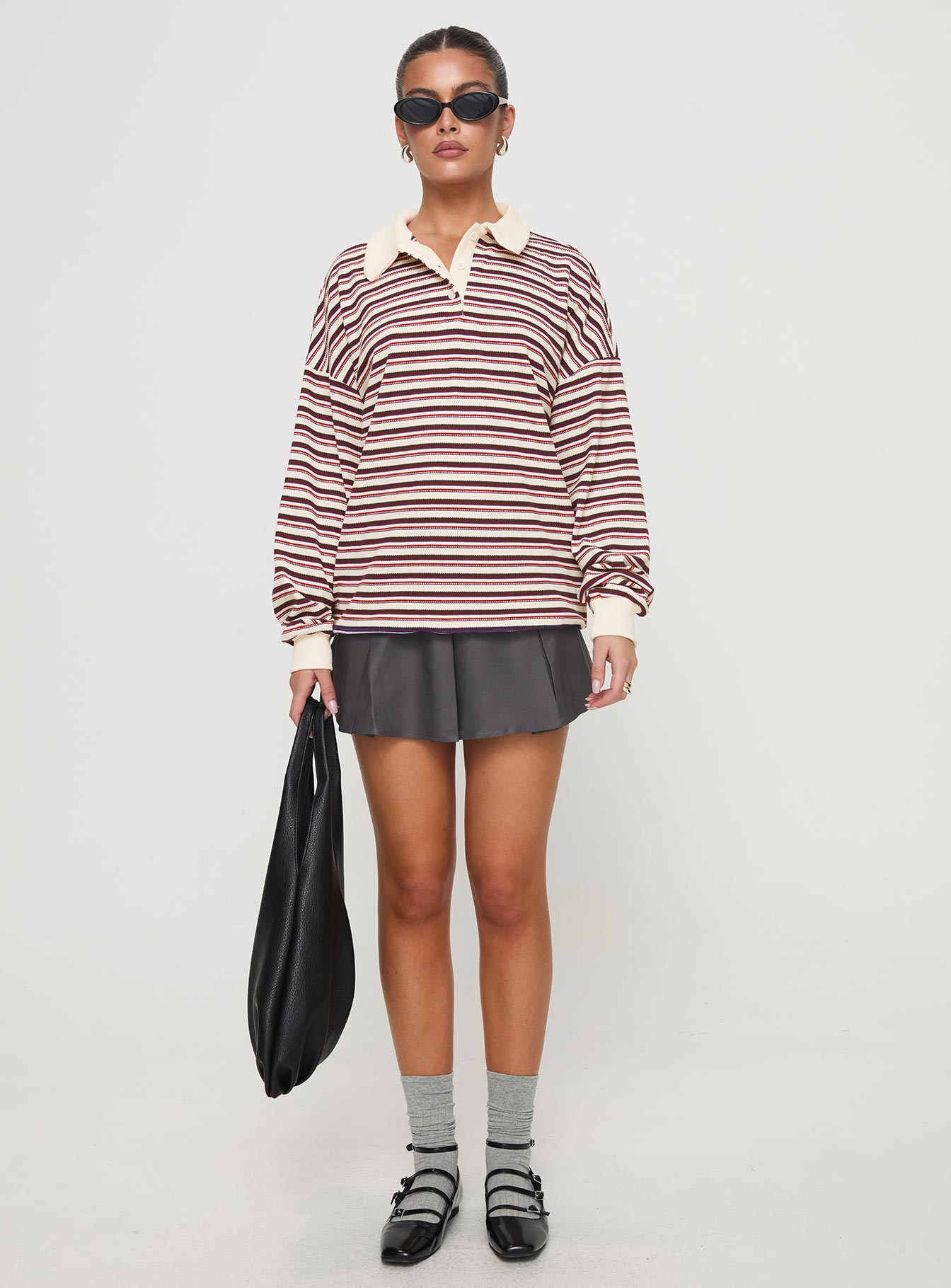 front view of model wearing Princess Polly Rierie Rugby Jersey Porcelain Multi Long 