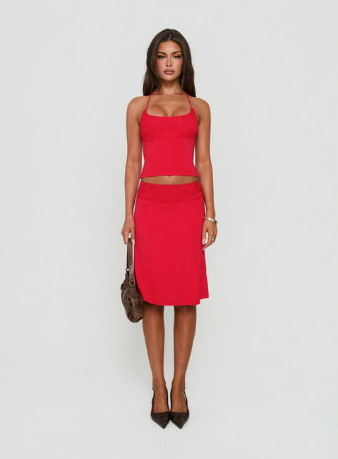 Zenaide Lace Detail Midi Skirt Red