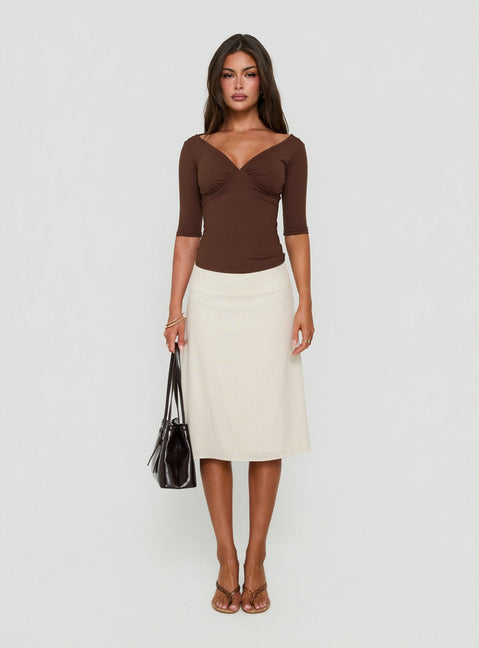 Daily Define Off Shoulder V Neck Top Brown