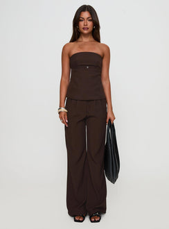 front view of model wearing Princess Polly Irresistible Strapless Top Chocolate Sleeveless straight 