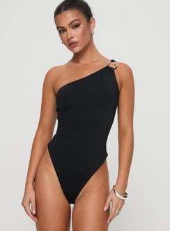 back view of model wearing Princess Polly Talija One Shoulder Bodysuit Black Sleeveless 