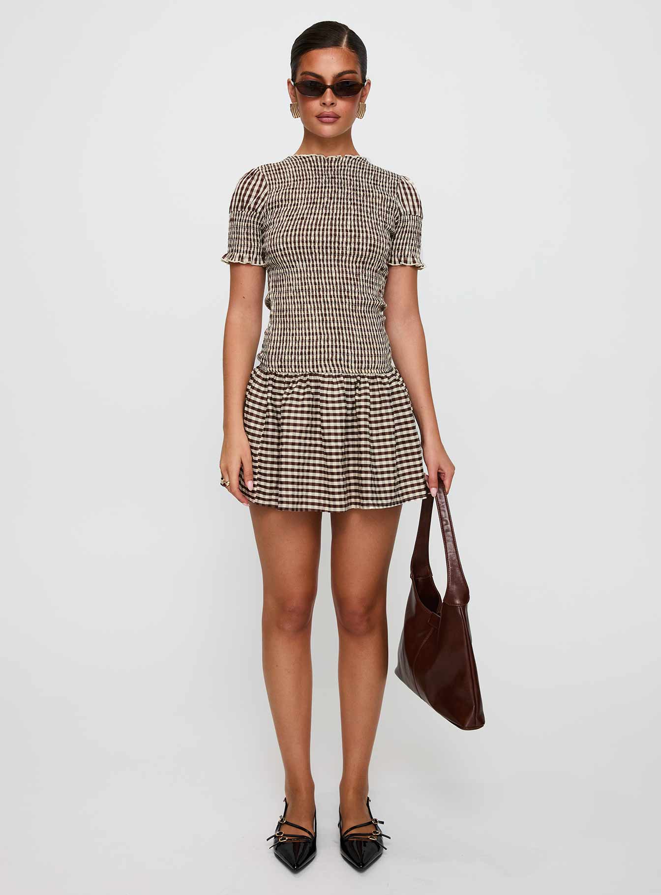 Laurita Shirred Mini Dress Brown Check Tall
