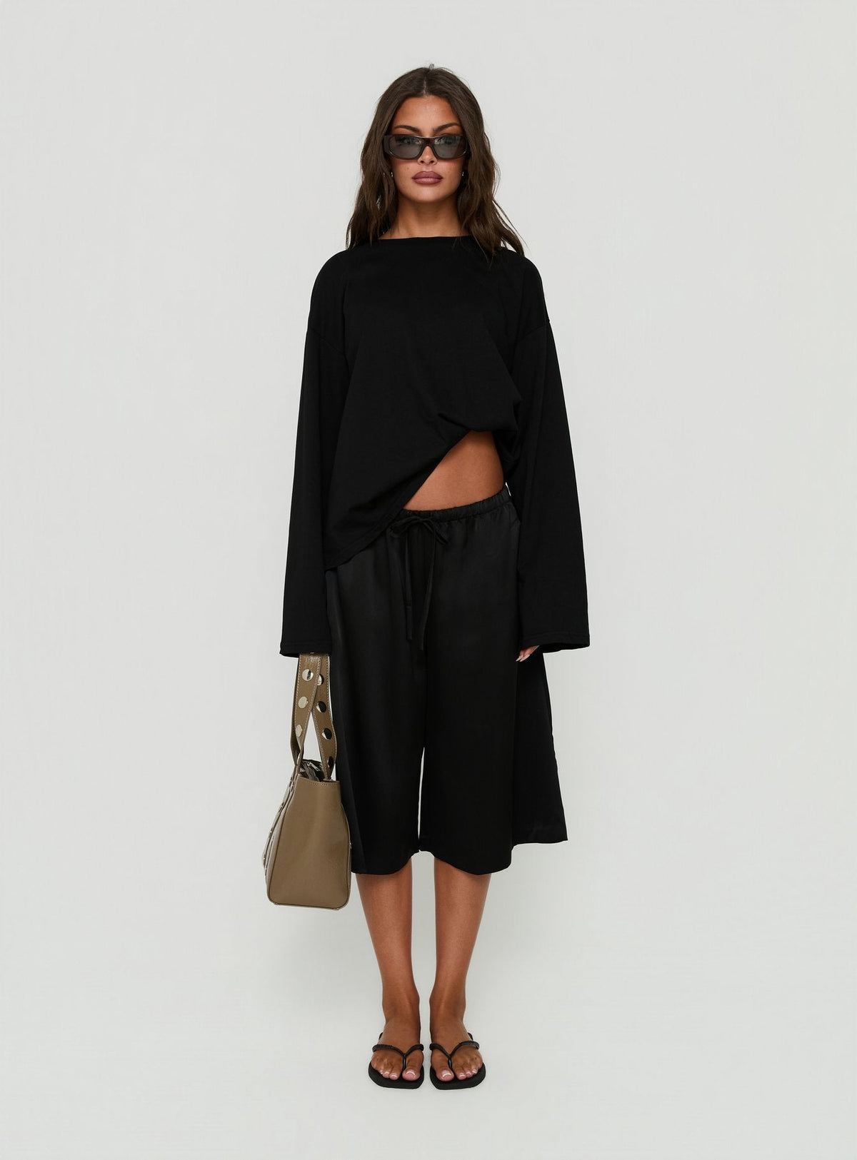 Ammeliah Satin Tie Waist Longline Shorts Black
