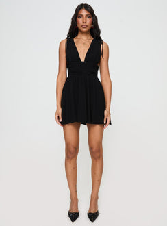 Black Mini dress Relaxed fit, fixed shoulder straps with tie detail, plunging neckline, invisible zip fastening, ruched waistband