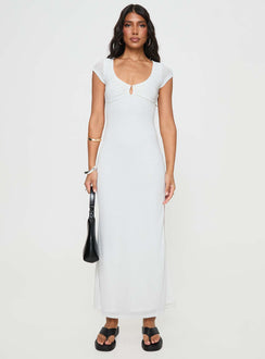 White Maxi dress Scooped neckline, keyhole cut out at bust, hook & eye fastening, high leg slit
