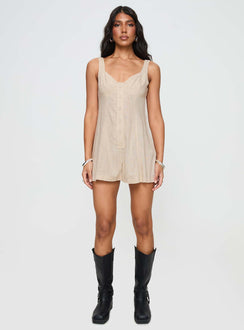 Beige Romper Fixed shoulder straps, v-neckline, faux button detailing, invisible zip fastening at back