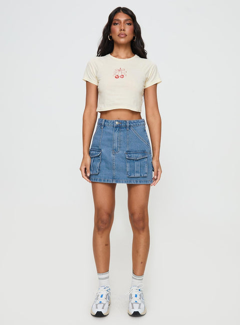   front view of model wearing Princess Polly Chillders Denim Mini Skirt Mid Wash Tall Mini Skirts 