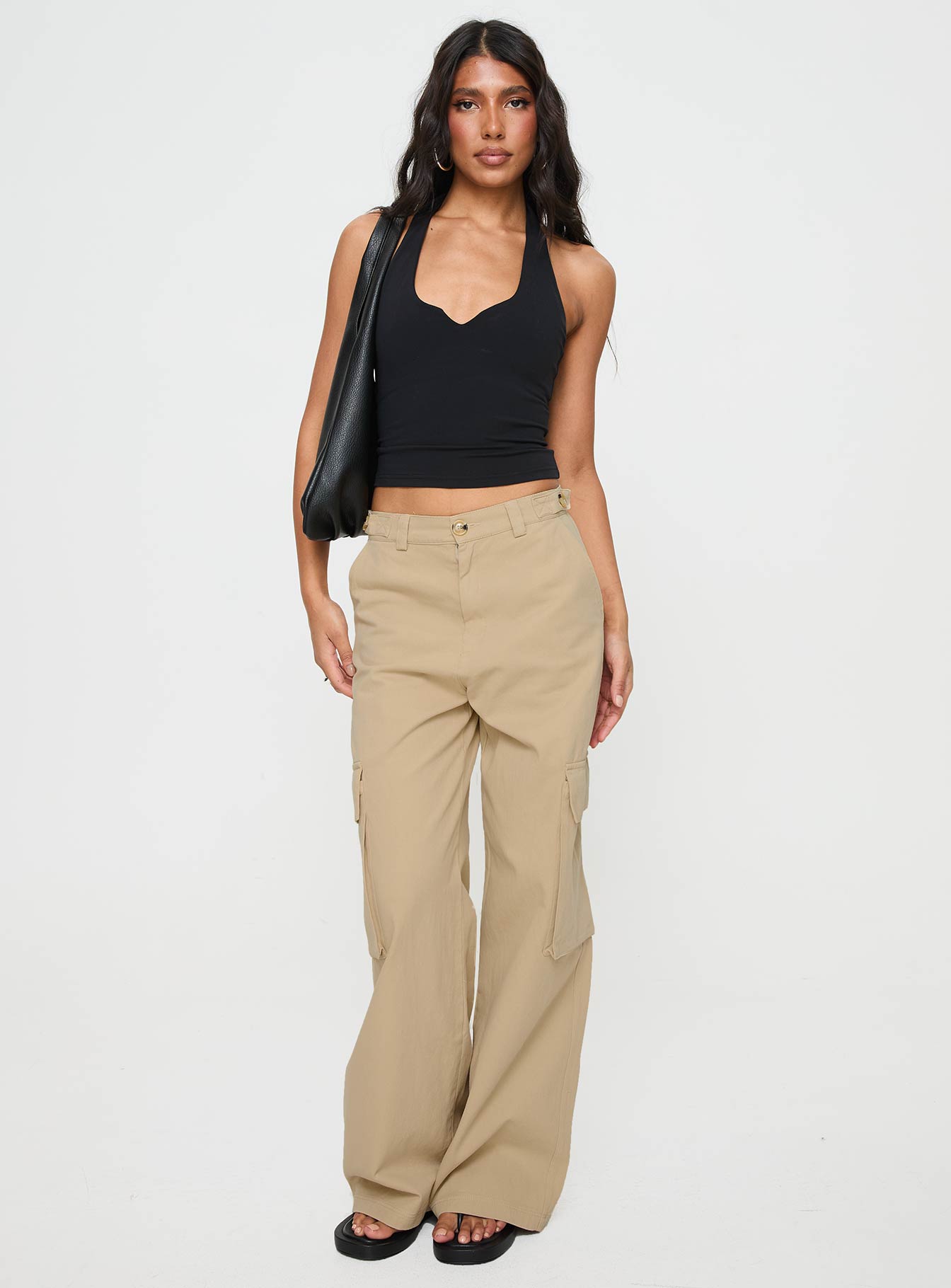Beige cargo pants Mid rise fit, wide leg, zip pocket design