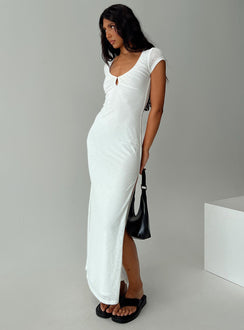 White Maxi dress Scooped neckline, keyhole cut out at bust, hook & eye fastening, high leg slit