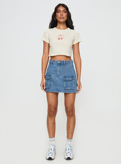   front view of model wearing Princess Polly Chillders Denim Mini Skirt Mid Wash Mini Skirts 
