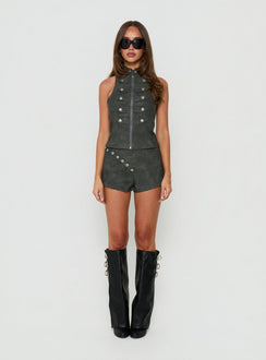 Ashtonn Sleeveless Faux Leather Military Top Black
