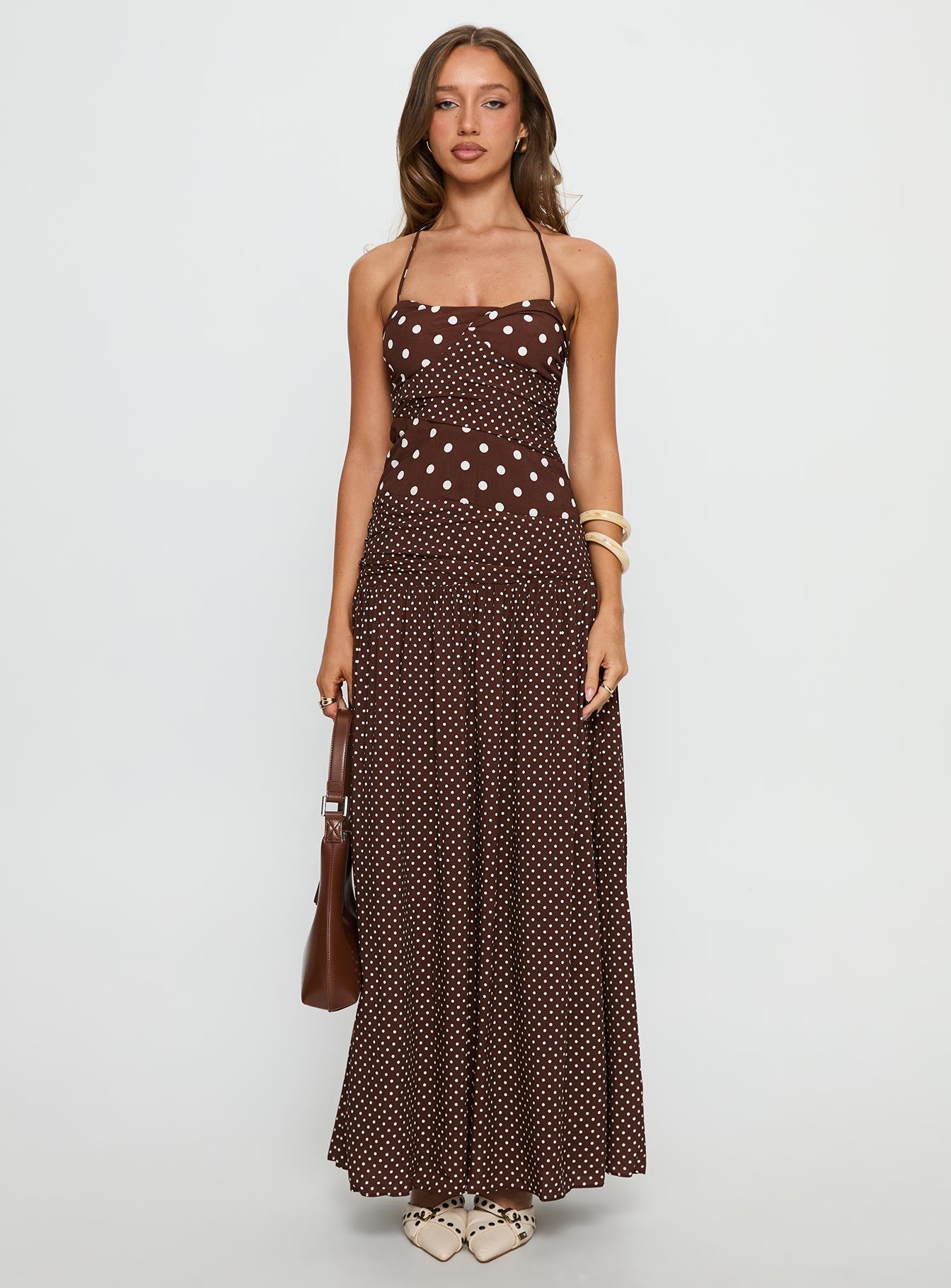 Marguerite Halter Maxi Dress Brown Polka Dot