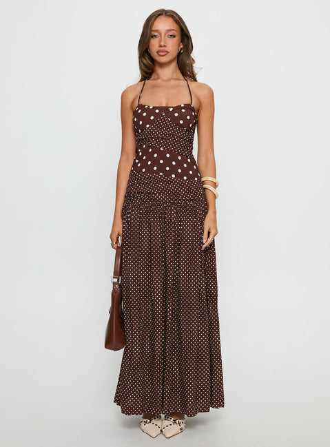 Marguerite Halter Maxi Dress Brown Polka Dot