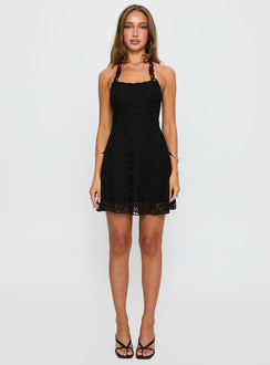 front view of model wearing Princess Polly Front Page Halter Lace Mini Dress Black Square Neck 