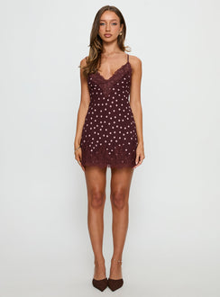 Call My Lover Lace Slip Mini Dress Brown Polka